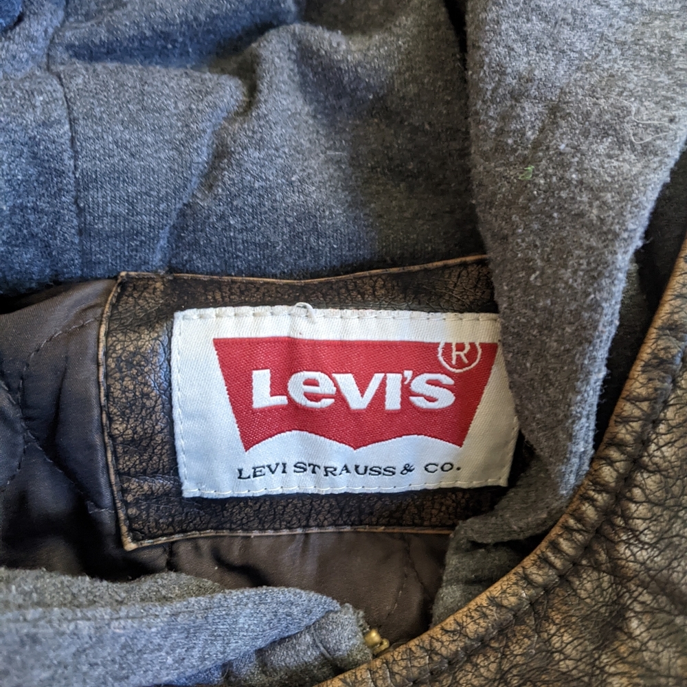 Levi's Chocolate Brown Faux Leather Gray Hoodie Thick Moto Winter Jacket Men's L - Picture 5 of 9